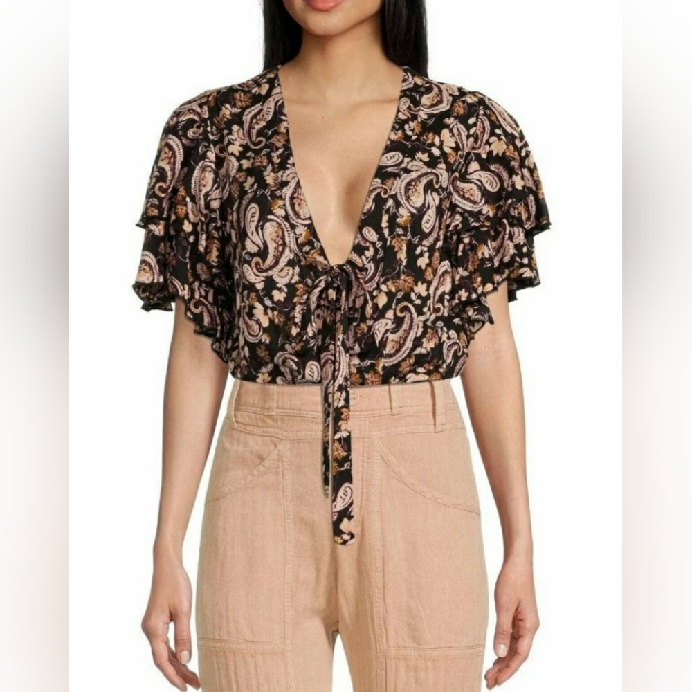 Free People Flutter Sleeve Paisley Floral Bodysuit Top Large